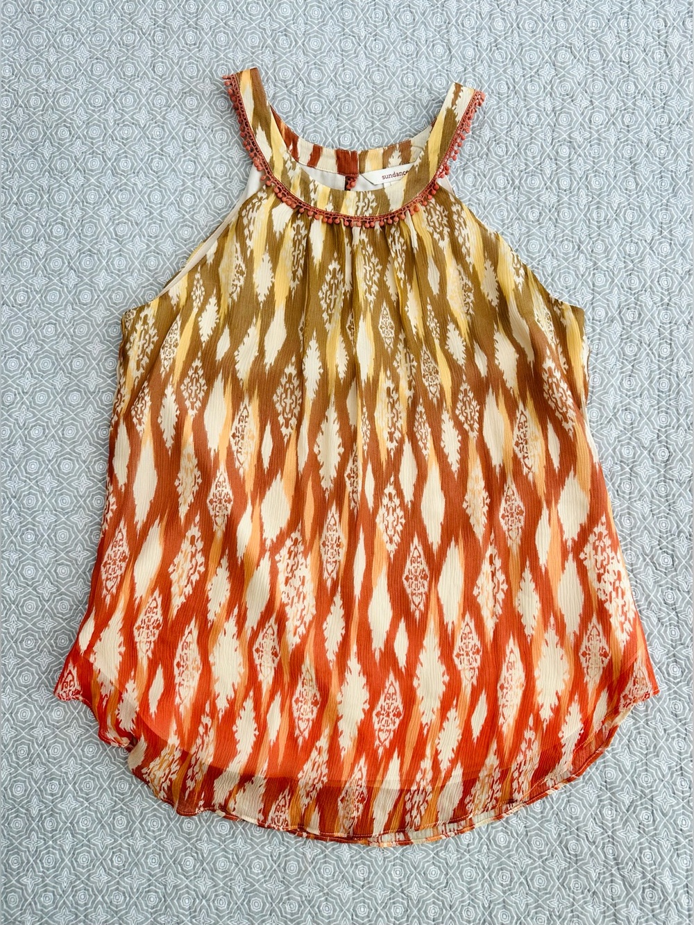 SUNDANCE Silk Desert in Bloom Halter Tank Top Orange Yellow Ombre Ikat Boho 6